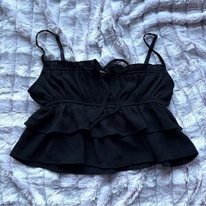 Black Ruffle Cami Spaghetti Strap Layered Hem Top